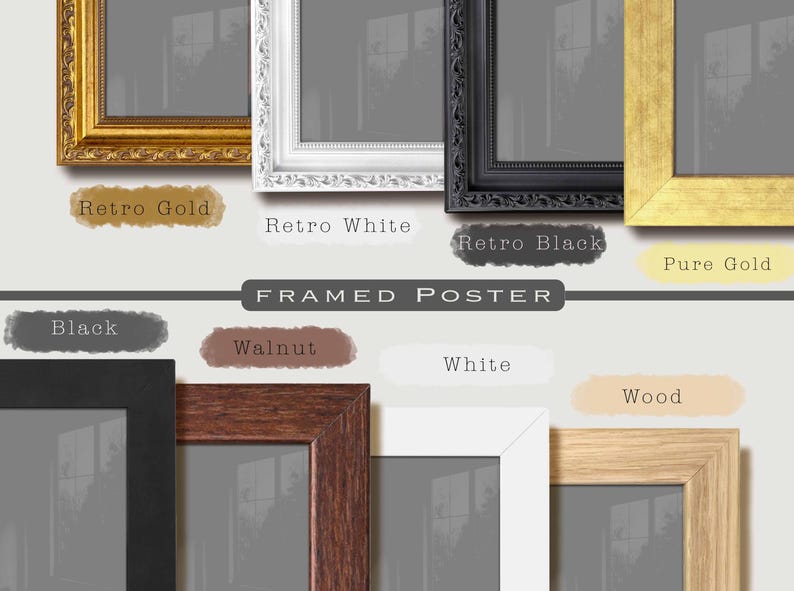 Może przedstawiać: Kolekcja ośmiu prostokątnych ramek na zdjęcia z napisem Framed Poster. G&oacute;rny rząd zawiera ozdobne ramki Retro Gold, Retro White, Retro Black oraz gładką Pure Gold. Dolny rząd przedstawia proste ramki Black, Walnut, White oraz Wood.