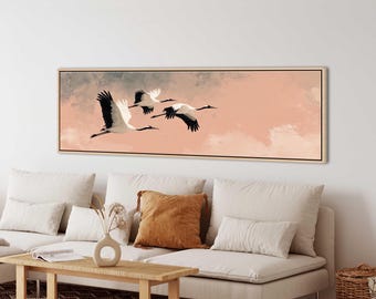 Japandi Crane Long Horizontal Wall Art, Peach Minimalist Bird Canvas Print, Serene Oriental Decor