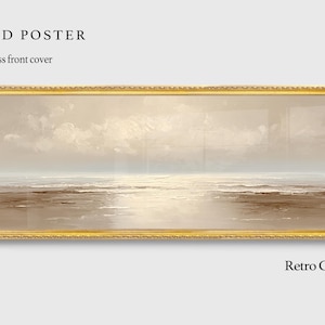 May include: A rectangular framed poster with a seascape painting. The artwork features a muted color palette of beige, brown, and blue, with a gold-colored ornate frame. The text "FRAMED POSTER" and "Retro Gold Framed" are visible.