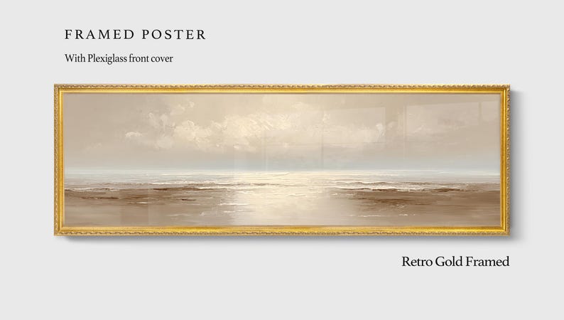 May include: A rectangular framed poster with a seascape painting. The artwork features a muted color palette of beige, brown, and blue, with a gold-colored ornate frame. The text "FRAMED POSTER" and "Retro Gold Framed" are visible.
