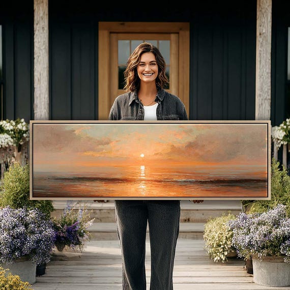 Golden Sunset Seascape Wall Art, Horizontal Coastal Framed Decor, Panoramic Canvas Print