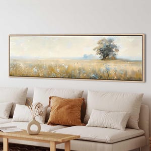 Wildflower Meadow Framed Canvas Art: Beige Pastel Landscape, Long Horizontal Wall Decor