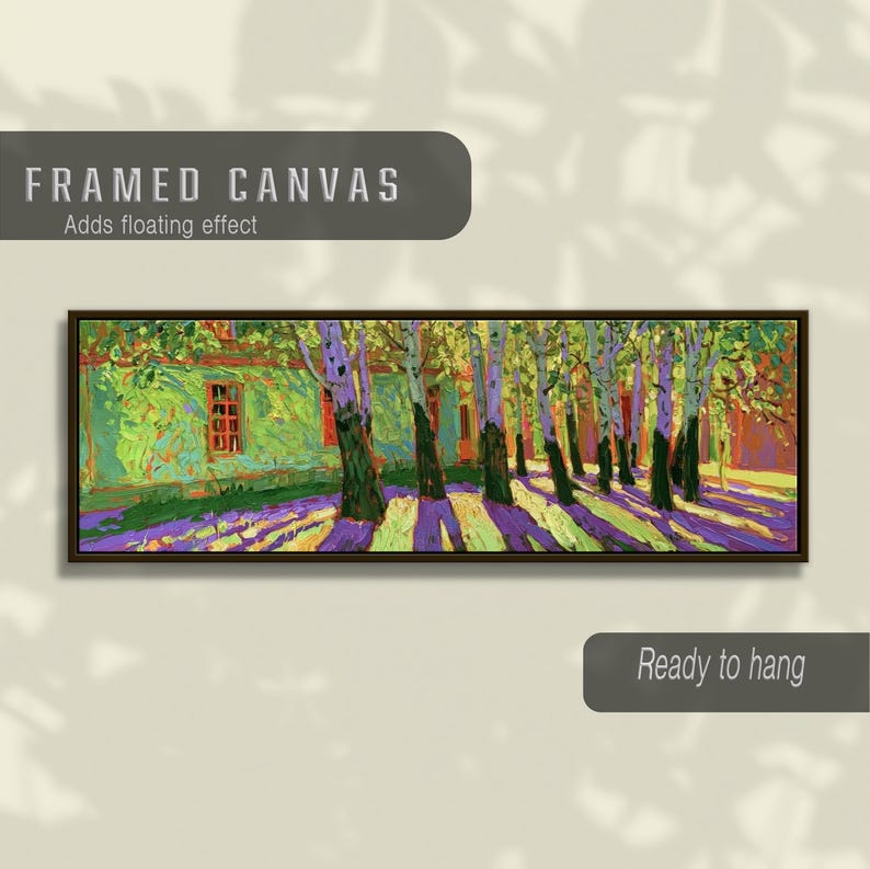 Puede incluir: Un lienzo enmarcado panor&aacute;mico con una pintura de estilo impresionista de un edificio verde rodeado de &aacute;rboles con largas sombras p&uacute;rpuras y amarillas en el suelo. El texto "FRAMED CANVAS Adds floating effect" y "Ready to hang" es visible.