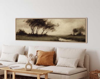 Panoramic Vintage Landscape Wall Art, Neutral Sepia Canvas Print, Tranquil Pastoral Home Decor