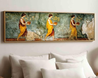 Pompeii Fresco Canvas Art, Ancient Roman Women, Classical Wall Decor, Long Narrow Canvas Print