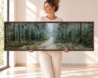 Cuadro decorativo de paisaje boscoso neutro, camino tranquilo en el bosque, impresión panorámica en lienzo.
