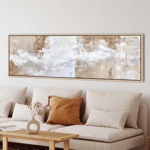 Large 3:1 horizontal neutral abstract wall art in beige and white tones, minimalist long canvas painting for modern interiors.