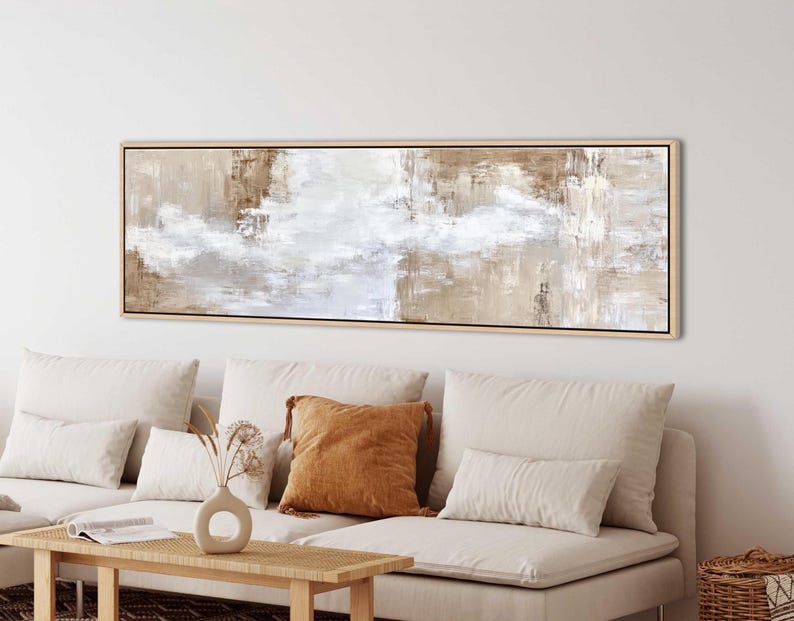 Large 3:1 horizontal neutral abstract wall art in beige and white tones, minimalist long canvas painting for modern interiors.