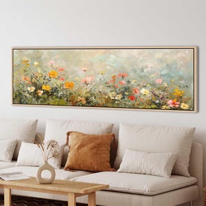 Framed Wildflower Field Canvas Print: Vintage Spring Meadow Landscape, Long Horizontal Wall Art