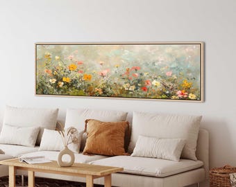 Framed Wildflower Field Canvas Print: Vintage Spring Meadow Landscape, Long Horizontal Wall Art
