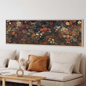 Vintage Botanical Tapestry, Dark Floral Wall Hanging, Long Horizontal Framed Canvas