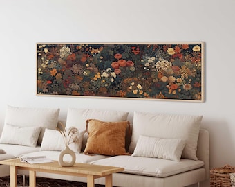 Vintage botanische Tapisserie-Wandkunst, lange horizontale gerahmte Leinwand