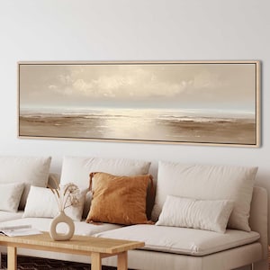 Minimale kunst aan de muur zeegezicht, zachte neutrale oceaanhorizon, kalme kustcanvas