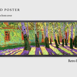Puede incluir: Un p&oacute;ster panor&aacute;mico enmarcado con marco negro y cubierta frontal de plexigl&aacute;s. La obra muestra un paisaje vibrante con un edificio verde, una hilera de &aacute;rboles y largas sombras p&uacute;rpuras proyectadas sobre el suelo.