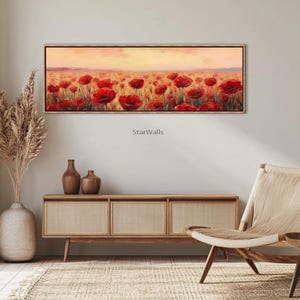 Mohnblumenfeld gerahmte Leinwandkunst: Vintage Frühlingswiesenlandschaft, lange horizontale Wandkunst