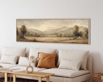 Neutral Landscape Panoramic Wall Art, Vintage Earth Tone Canvas Print, Modern Living Room Decor