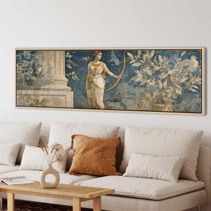 Artemis Goddess Large Wall Art, Ancient Greek Fresco Style Horizontal Decor, Panoramic Canvas Print