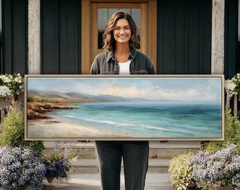 Serene Coastal Large Wall Art, Long Horizontal Turquoise Shoreline Framed Decor, Panoramic Canvas Print