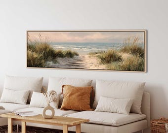 Soft Coastal Beach Path Art: Neutral Seascape Panoramic Canvas or Framed Print
