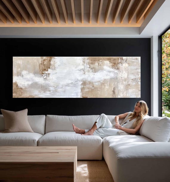 Abstract Neutral  Wall Art – Beige and White Minimal Home Decor, Panoramic Canvas Print