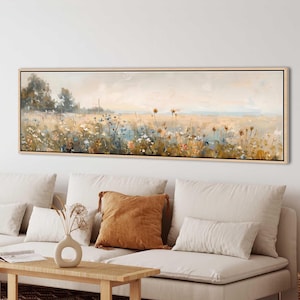 Vintage Wildflower Field Canvas Art Print: Long Horizontal Spring Meadow