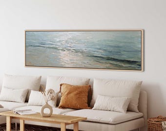 Coastal Abstract Panoramic Seascape, Textured Ocean Canvas, Long Horizontal Coastal Print