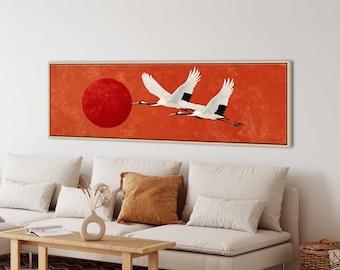 Japandi Red Sun Crane Panoramic Wall Art, Minimalist Oriental Birds Canvas Print