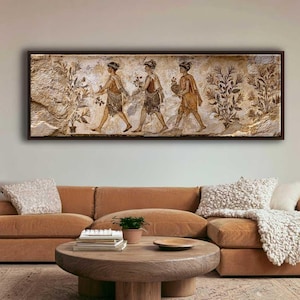 Ancient Roman Fresco Wall Art, Pompeii Classical Figure & Mural Framed Home Decor,  Panoramic Canvas Print
