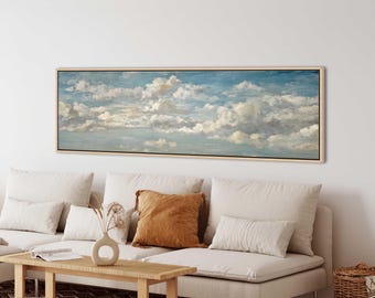 Cuadro de gran tamaño con paisaje nuboso, lámina de cielo suave en tonos neutros, lienzo con horizonte tranquilo de estilo vintage.