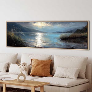 Serene Lakeside Sunset Painting, Long Horizontal Landscape