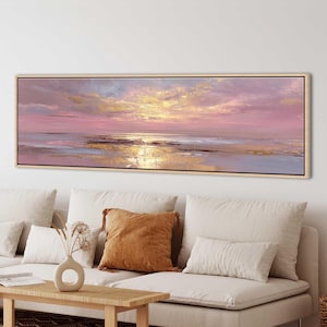 Pink Gold Sunset Over Ocean, Abstract Seascape Framed Canvas