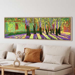 Colorful landscape wall art featuring vibrant green trees, purple shadows, bright sunlight, and expressive painterly brushstrokes in a panoramic nature scene.
