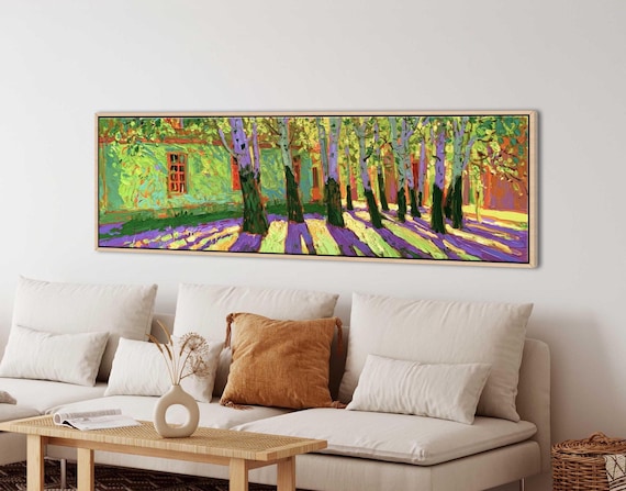 David Hockney Style Vibrant Trees Wall Art, Colorful Living Room Decor, Panoramic Canvas Print