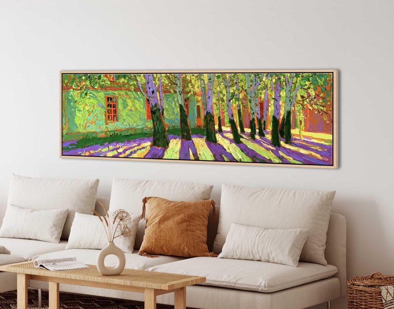 Colorful landscape wall art featuring vibrant green trees, purple shadows, bright sunlight, and expressive painterly brushstrokes in a panoramic nature scene.