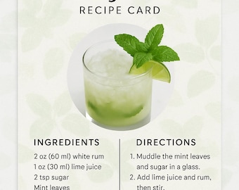 Mojito Recipe Card – Printable Bar Decor or Cocktail Gift