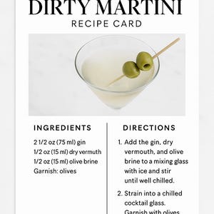 Scheda ricetta Dirty Martini – Decorazione da bar stampabile o regalo per cocktail