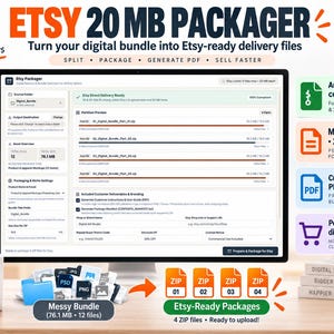 Op de afbeelding: Een computermonitor toont de interface van de Etsy 20 MB Packager-software, die digitale bestanden in ZIP-mappen organiseert. Het scherm toont partitievoorbeelden, bestandsgroottebeperkingen en brandingopties voor digitale verkopers om bundels te beheren.