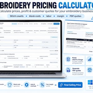 May include: A laptop displaying an embroidery pricing calculator software interface with input fields for order specifications, stitch counts, and production economics, alongside a generated PDF quote and icons for profit, margin, and PDF generation.
