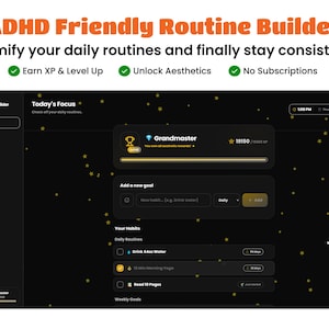 May include: Screenshot of the ADHD Friendly Routine Builder app interface. The app features a dark theme with gold accents and star graphics. Text includes "Earn XP & Level Up", "Unlock Aesthetics", and "No Subscriptions". The app tracks daily routines.