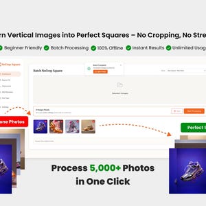 Op de afbeelding: Een computerscherm toont de NoCrop Square-interface, die de conversie van verticale telefoonfoto's naar perfecte vierkanten demonstreert. De afbeelding benadrukt de functies van de software: beginnersvriendelijk, batchverwerking, offline functionaliteit en directe resultaten. De tekst luidt "Process 5,000+ Photos in One Click."