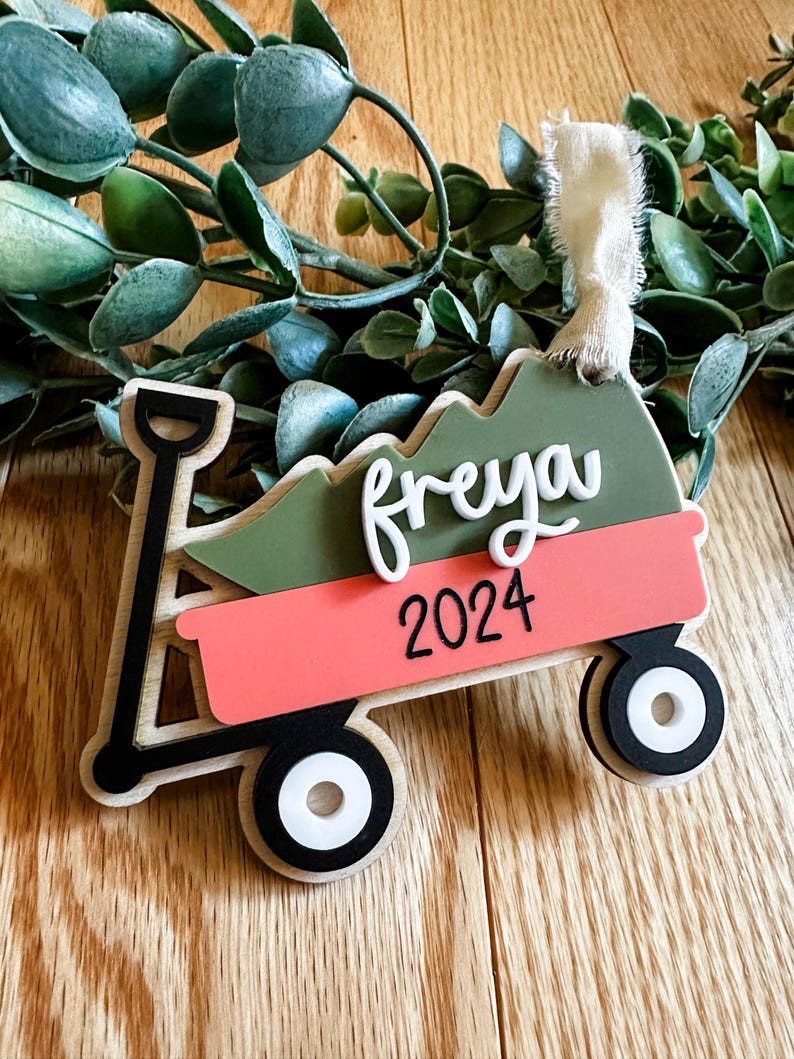 Personalized Acrylic Tree and Wagon Ornament / Holiday Ornament / Kids