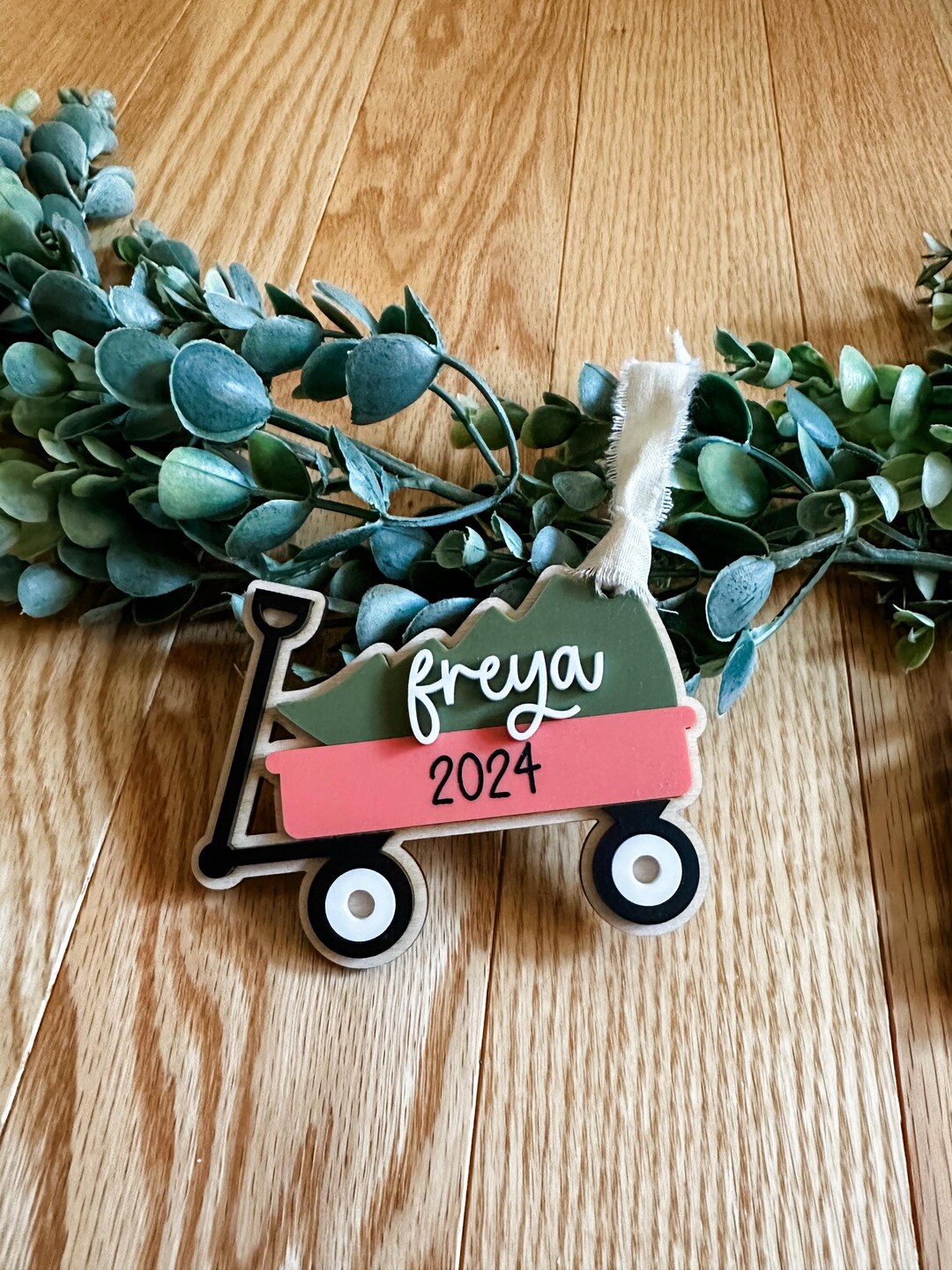Personalized Acrylic Tree and Wagon Ornament / Holiday Ornament / Kids