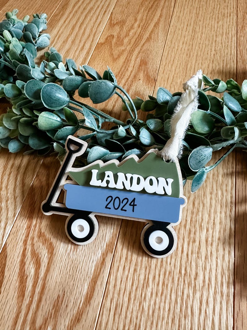 Personalized Acrylic Tree and Wagon Ornament / Holiday Ornament / Kids
