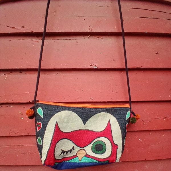 Vintage Winking Owl Crossbody Woven Cotton Purse Hippie Folk Boho Accessories