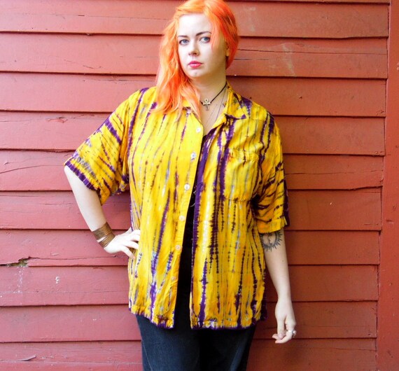80s 90s Golden Grape Rayon Tie Dye Short Sleeve Button Up Etsy