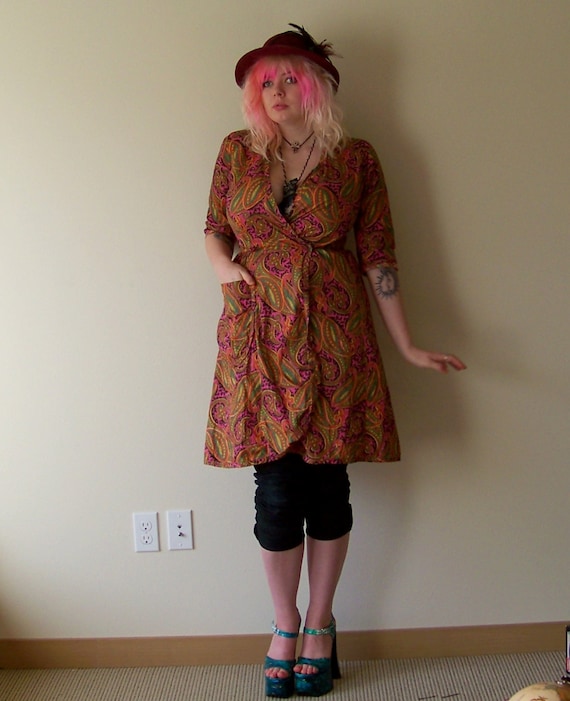 60s/70s Bright Psychedelic Paisley Wrap Dress by … - image 1