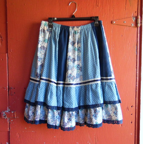 70s/80s Blue Skies Patchwork Prairie Skirt Hippie… - image 2