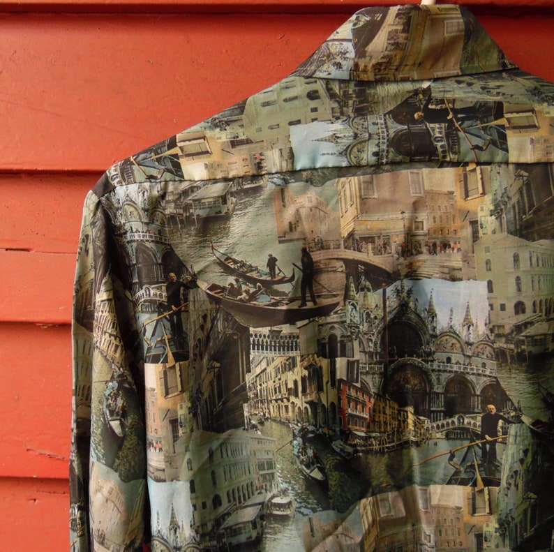 70s JP2 Forest Green All Over Travel Venice Polyester Disco Hippie Mens Button Up Work Dress Shirt M