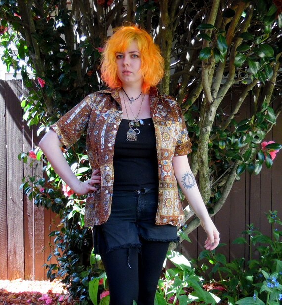 70s Earth Hippie Brown Floral Abstract Gypsy Boho Short Sleeve Etsy