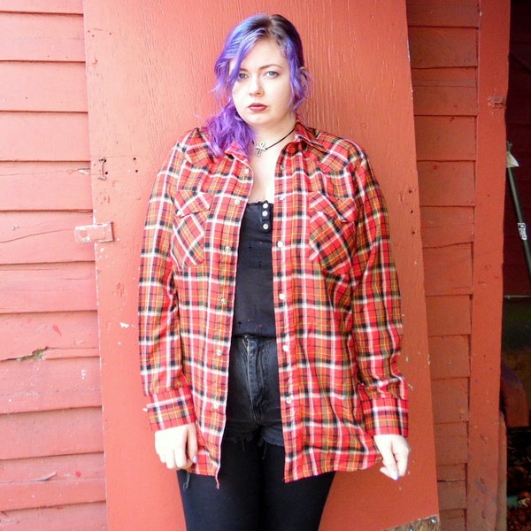 70s Red Plaid Autumn Lumberjack Snap Up Western Shirt Mens Butt Up Long Sleeve Oxford Shirt M